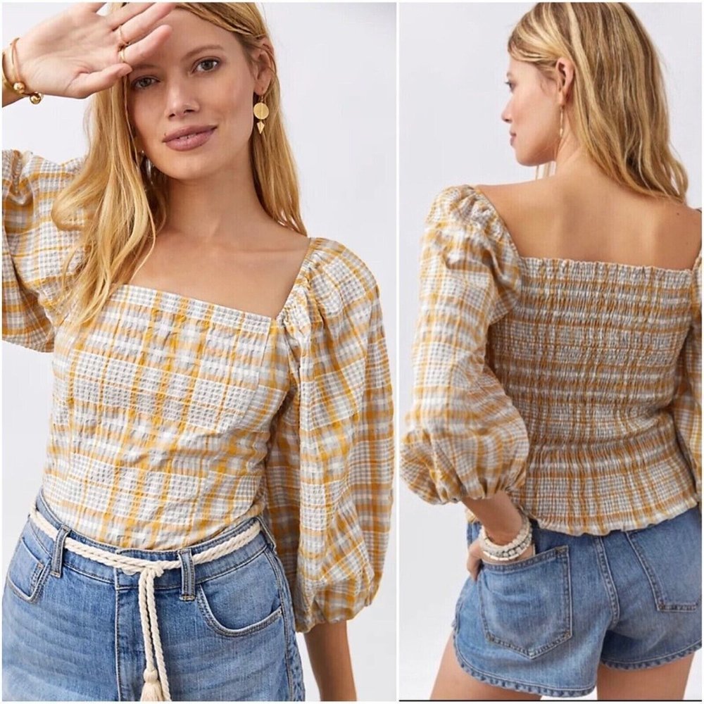 Anthropologie Maeve Plaid Square-Neck Smocked Puff Sleeve Boho Blouse size XL - Picture 2 of 8